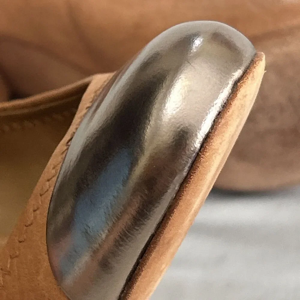 Tory Burch Tan Leather Round Toe Block Heel Pewter Cap-toe Pump Sz 8M